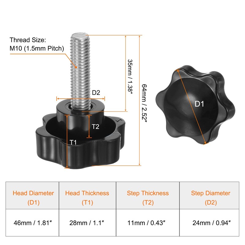 sourcing map 2pcs Star Knobs M10 x 35mm 304 Stainless