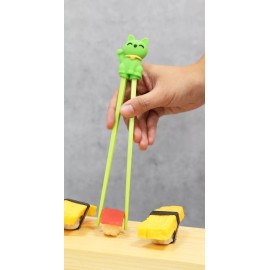 Green Maneki Neko Lucky Cat Reusable Training Chopsticks Set W/ Silicone Helper