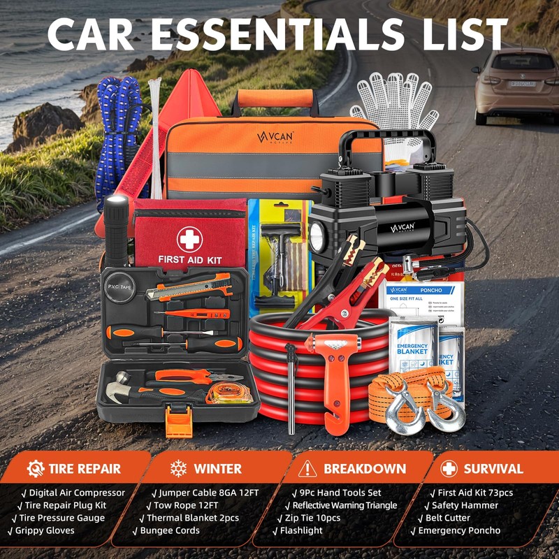 Car Emergency Kit with Portable Air Compressor, First Aid Kit,
