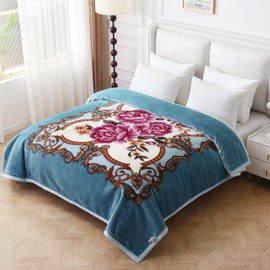 JYK Korean Style Mink Fleece Blanket King Size 83'' x 91'', 5.7 Pounds - 2 Ply Reversible Silky Soft Plush Warm, Comfy Bed Blanket, Luxurious Blanket for All Seasons - Blue/Purple Peony
