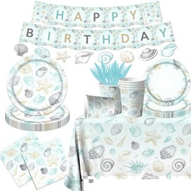 Seashell Beach Theme Party Decorations-142pcs Beach Seashell Plates and Napkins Ocean Nautical Theme Plates Tableware Seashell Tablecloth for Summer Bash Beach Wedding Birthday Party Supplies