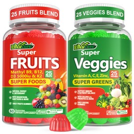Sugar-Free Fruit and Veggie Gummies - Natural Fruits and Vegetables Supplements(25 Superfruits & 25 Veggies), Multi-Vitamins & Minerals - Supports Energy Levels, Antioxidant, Immune, Gut Health 2Packs