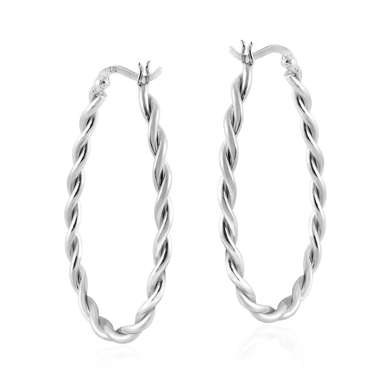 Dynamic Twisted Oval Hoops .925 Sterling Silver V-Lock Hoop Earrings
