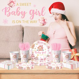 Pink Christmas Gingerbread Baby Shower Decorations, 144pcs A Sweet Baby Girl is On The Way Gingerbread Plates and Napkins, Winter Christmas Baby Shower Decorations for Girl, Serves 24