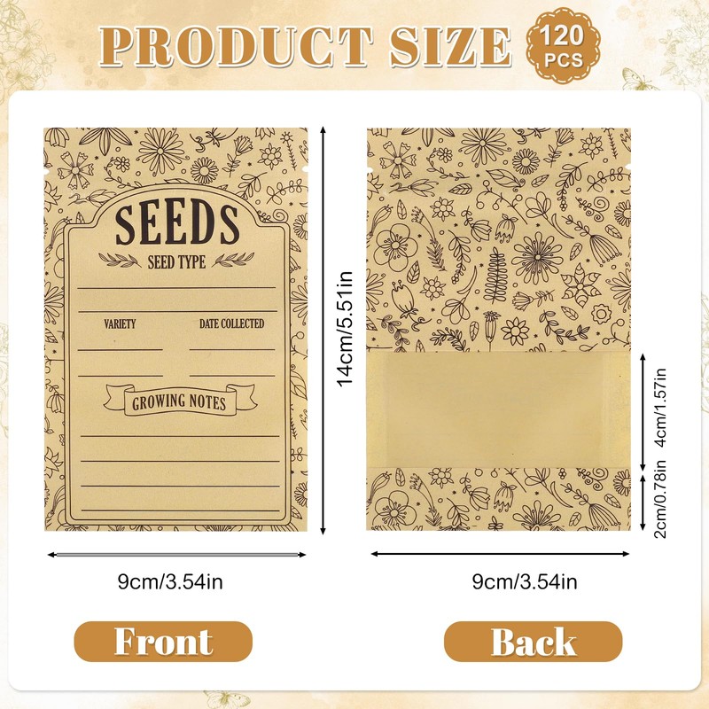 120 Seed Envelopes With Window, Resealable Floral Seed Storage Bags