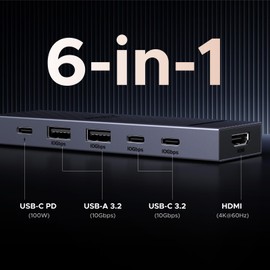 UGREEN UGREEN Revodok Pro USB-C Hub 6 in 1 10Gbps USB C 3.2 & USB-A 3.2 4K 60Hz HDMI, 100W Power Delivery for MacBook Pro/Air, iPad Pro, Thinkpad Rog Ally and More.