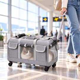 Rolling Pet Carrier with Wheels for Cats & Dogs, Foldable Nylon Travel Carrier with Detachable Trolley, Telescoping Handle, Breathable Mesh Panels, 35 lb Capacity