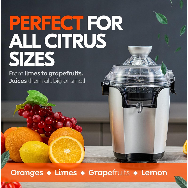 Eurolux Hands-Free Electric Citrus Juicer Machine, Orange Lime Grapefruit Lemon