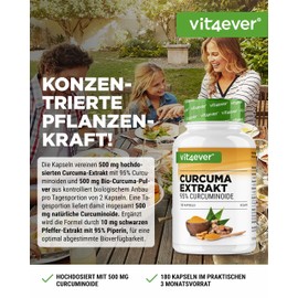 Curcuma Extrakt - 180 Kapseln - Hochdosiert mit 500 mg Curcumin pro Tagesportion - Mit 90% Curcumingehalt - Ohne unerwünschte Zusätze, vegan
