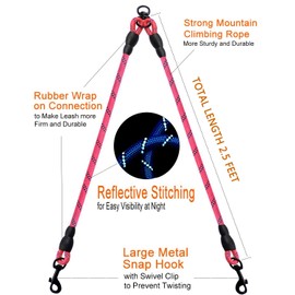 DDSCOLOUR Double Dog Leash Coupler, No Tangle 360° Swivel Reflective Double Lead Dual Two Dog Lead Splitter, fo Fits Small Medium Large Dogs,30 inch（Diameter:0.8-1.2cm),Pink