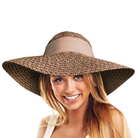 TOSKATOK Ladies Wide Brimmed Floppy Straw HAT (TAN)