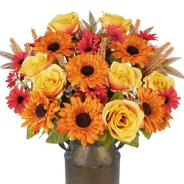 VirtuGro 2 Bundles Fall Flowers Artificial Sunflowers Flowers Bouquet with Fake Mums Silk Rose 17IN Orange Autumn Floral Arrangements for Cemetery Grave Home Table Centerpieces Thanksgiving Decor