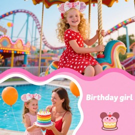 Birthday Mouse Ears Headband with Sequin Bow, Sparkle Princess Party Hair Accessories for Women & Girls (Pink)