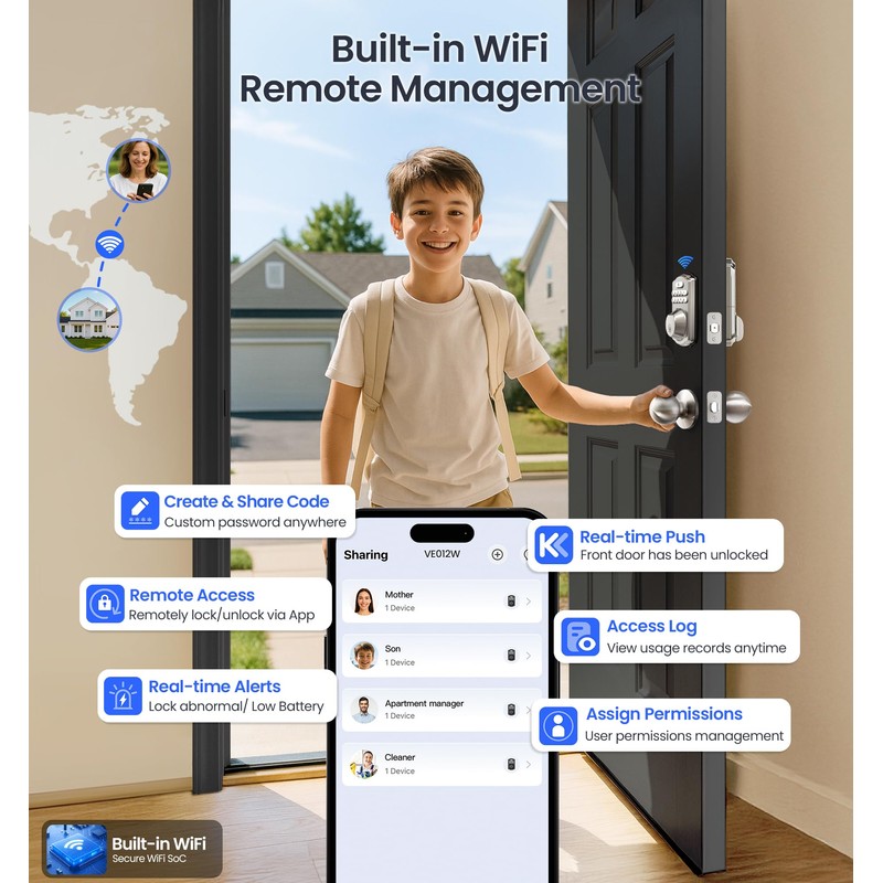 Veise VE012W Built-in WiFi Fingerprint Smart Lock, App Remote Control,