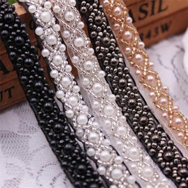 Yulakes 2 Yards Beads Lace Trim Mesh Lace Ribbon Fabric Clothing Decoration Wedding Dress Collar Sleeves Lace Applique DIY Crafts (Black)