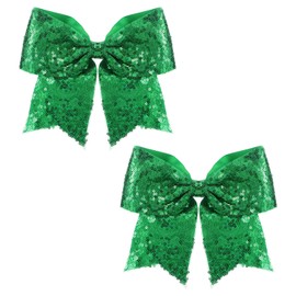 2 Pcs Jumbo Glitter Cheer Bows Clips, Sparkly Hair Bows for Women 7 Inch Large Green Hair Bow Cheer Hair Bow, Hair Accessories with Tails for Girls Teen Softball Cheerleader Outfit Uniform (Green)
