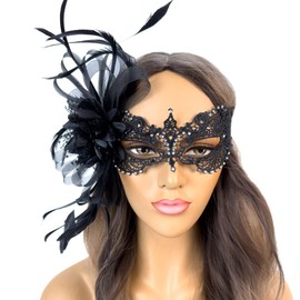 Elegant Feather Masquerade Mask Lace Mask Mardi Gras Feather Lace Masks for Women Venetian Mardi Gras Burlesque Brocade Mask (Black)