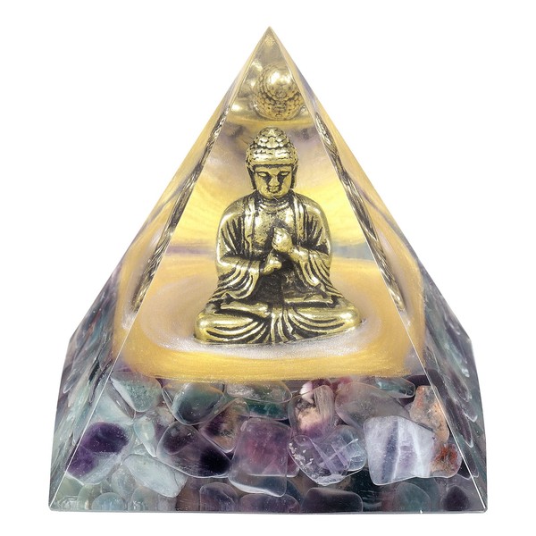 Nupuyai Buddha Statue Fluorite Crystal Pyramid Ornament, Spiritual Chakra Energy Protection Healing Stone Quartz Point Fengshui Pyramid Home Office Decor