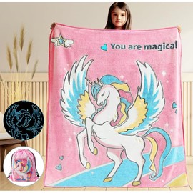 Tociwih Glow in The Dark Unicorn Blanket, Unicorn Gifts for 2 3 4 5 6 7 8 9 10 Years Old Girl, Soft Pink Unicorn Throw Blanket Birthday Easter Toy for Girls Age 6-8, 50 x 60 Inches