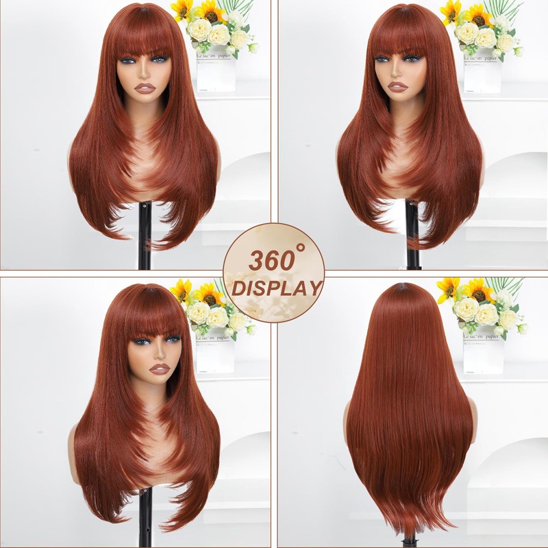 MINSEEYOO Auburn Wig with Bangs for Women Long Layered Wigs