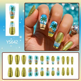 Summer Press on Nails Medium Square Fake Nails with Coconut Tree Design Full Cover Gold Glitter False Nails Blue Beach Stick on Nails Reusable Glossy Sky Glue on Nails for Women Girls Manicure 24Pcs