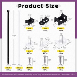 Swpeet 480Pcs Black + White Self-Locking Cable Zip Tie (150x4mm) and 3mm 4mm 6mm Saddle Type Cable Tie Mounts Base with Deep Thread Flat Head Screws Kit, Wire Holder Wire Cable Clips Organizer