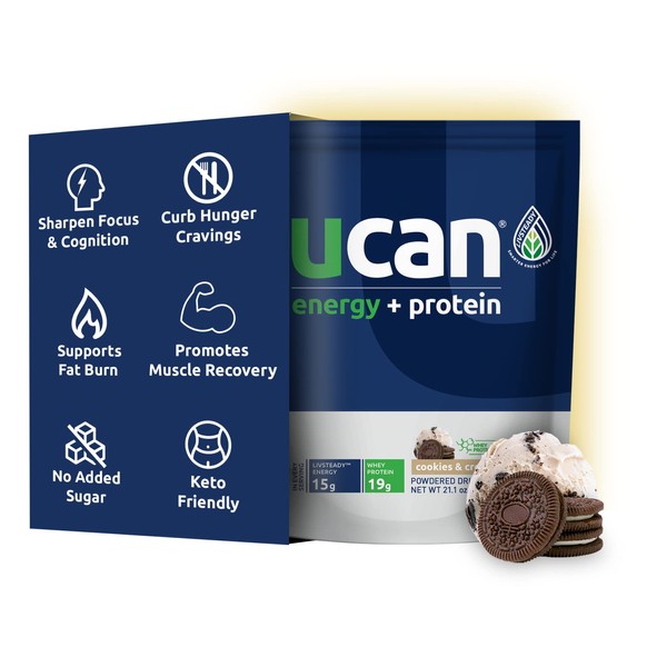 UCAN Energy + Whey Protein Powder - 19g Per Serving with Amino Acids EAAs & BCCAs - Keto, No Added Sugar, Gluten-Free - Cookies & Cream - 12 Servings