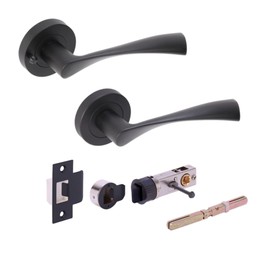 HANDLEZONE® Zena Privacy Lever On Round Rose Door Handles, with Bullet Privacy Latch, for Bathroom, Toilet, WC Doors, 1 Set - Black Matt