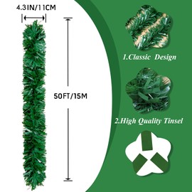 50Ft Green Christmas Garland Decorations,Xams Greenery Tinsel Stems Non-Lit Soft Twist Garland Decor for Tree Stairs Railing Front Door Mantle Fireplace Indoor Outdoor Holiday Home