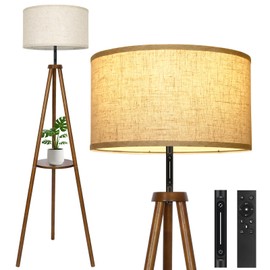 OUTON Wood Tripod Floor Lamp with Shelves, Mid Century LED Modern Dimmable Floor Lamp with Remote & Touch Control, Sturdy Tall Standing Lamp for Living Room, Bedroom, Office, Walnut