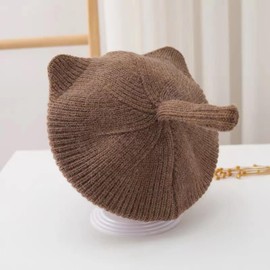 JK Home Cute Cat Ear Wool Beret Hat for Girls, Soft Lined Knitted Hat Double Layer Warm Crochet Beanie Hat French Artist Painter Knit Cap for 2-5 Years Kids