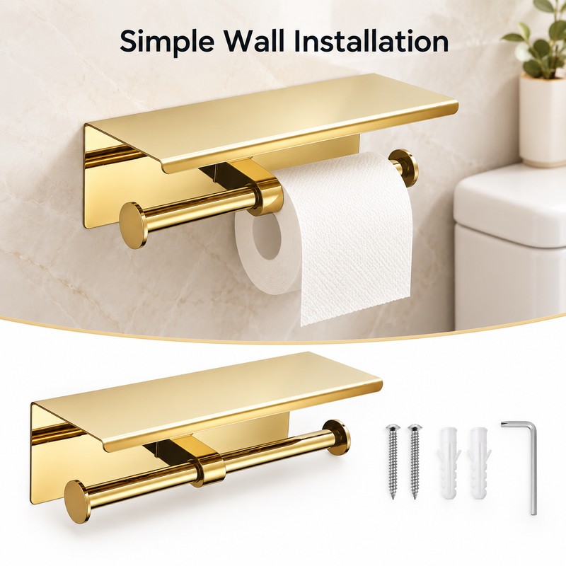 Wall Mounted Double Toilet Paper Holder with Shelf, 304 Stainless