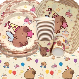 Capybara Geburtstag Deko,Doyomtoy Wasserschwein-Delfin Partygeschirr Geburtstagsteller Tassen Servietten Safari Geburtstag für Kinder Babyparty Deko 20 Gäste