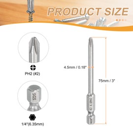 HARFINGTON 2pcs #2 Phillips Screwdriver Bit PH2 1/4" Hex Shank 3" (75mm) Long 0.18" Rod Magnetic Cross Head Drill Bits S2 Steel Industrial Screw Driver for Power Screwdrivers Drills, Silver