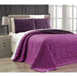 Grand Linen 3-Piece Tropical Coast Seashell Beach Queen/Full Oversize Oversize Bedspread Dark Purple/Light Purple Reversible Coverlet Embossed Bed Cover Set. Sea Shells, Sea Horse, Starfish etc.
