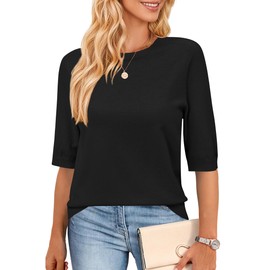 Arach&Cloz Women's 2025 Wool Blend Summer Seamless Ribbed Knit Tops Crewneck Lightweight Half Short Sleeve Sweater Plus Size Pullover Loose Business Casual Outfits Trendy Shirts Work Office Black S