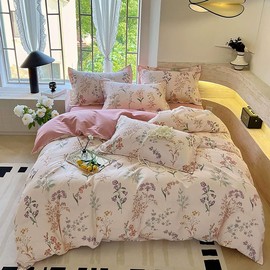 Tospass Flower Bed Linen 135 x 200 cm Girls - Microfibre, A Side Floral Pattern in Pastel Colours, B Side Pure Pink, Breathable Duvet Cover with Zip 1 Pillowcase 80 x 80 cm