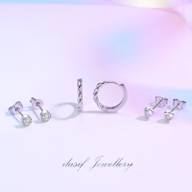 Stud Earrings 925 Silver Stud Earrings Set, 3 Pairs of Earrings Silver 925 with Zirconia, Heart Earrings Stars Stud Earrings Small Sleeper Cartilage Twists Hoop Earrings for Women Girls, Gold-plated