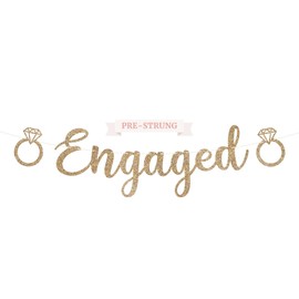 Pre-Strung Engaged Banner - NO DIY - Gold Glitter Wedding Engagement Bridal Shower Banner - Pre-Strung on 10 ft Strands - She Said Yes, Bride to Be, Happy Engagement Party Decorations - No DIY