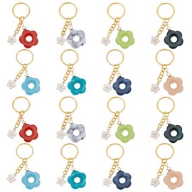 DELORIGIN 16pcs Flowers Charms Keychains, 8 Colors Alloy Enamel Cute Flowers Chain Bag Purse Charms Floral Keyrings for Gifts Car Keys Wallet Women Handbag Pendant Bag Accessories