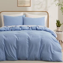 LOVQUE Light Blue Duvet Cover Full Size, 100% Washed Cotton Linen Like Bedding Set with Zipper Closure (No Comforter), 80x90 Inches