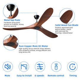 Obabala Ceiling Fans No Lights,Ceiling Fan with Remote Control Outdoor/Indoor Ceiling Fan 6-Speed Noiseless DC Motor Wood Blades - Dark Walnut(52 inch)