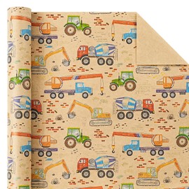 WRAPAHOLIC Kraft Construction Wrapping Paper - Mini Roll - 17 Inch x 16.5 Feet - Digger Cranes Cement Mixers Car Wrapping Paper for Kids Boys Birthday, Baby Shower