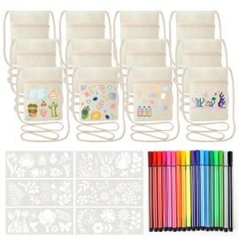 Pack of 12 Fabric Bags for Painting for Children, 18 x 13 cm Children's Shoulder Bag with 18 Colour Pens and 6 Painting Stencils DIY Beige Neck Bag Shoulder Bags for Painting for School Party Gift