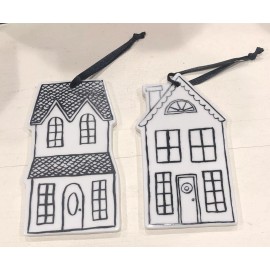 Holiday Time 2 Black & White Christmas Ornaments or Gift Adornments Flat Ceramic Houses NWOT