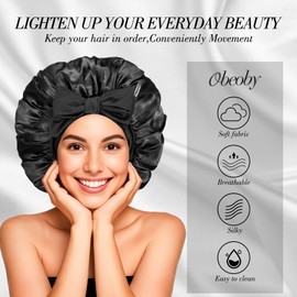 Obeoby Double-Layer Satin Silk Sleep Bonnet for Women with Adjustable Tie Band - Hair Protection for Curly Natural Wavy Hair - Includes 1 Free Silk Hair Scrunchies, Black
