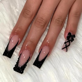 GlamRays Pack of 24 Square Shaped Press On Nails with Black French Tips, Black Rhinestones and Bow Design, Suitable for All Women, for Party, Celebration