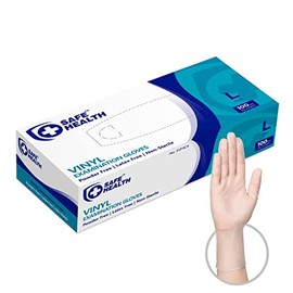 Safe Health Vinyl Exam Disposable Gloves, Latex Free, Powder Free, Clear, Box of 100, Large, 3.5 mil, Medical Grade, Nursing, Office, Kitchen, Pet Care, Cleaning, Housework, Food Service