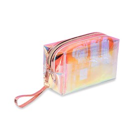 Holographic Makeup Bag, Transparent Toiletry Bag with Zipper and Portable Handle, Waterproof Cosmetic Bag for Beach, Small Makeup Organizer for Women and Girls Travel, a