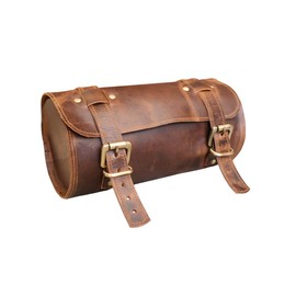 Vintage Genuine Goat Leather Motorcycle Bag, 2 Strap Buckle Closure, Brown Tool Bag, Quick Release, Reinforced for Handlebars, Forks, Leather Bike Bag (Distressed Leather)